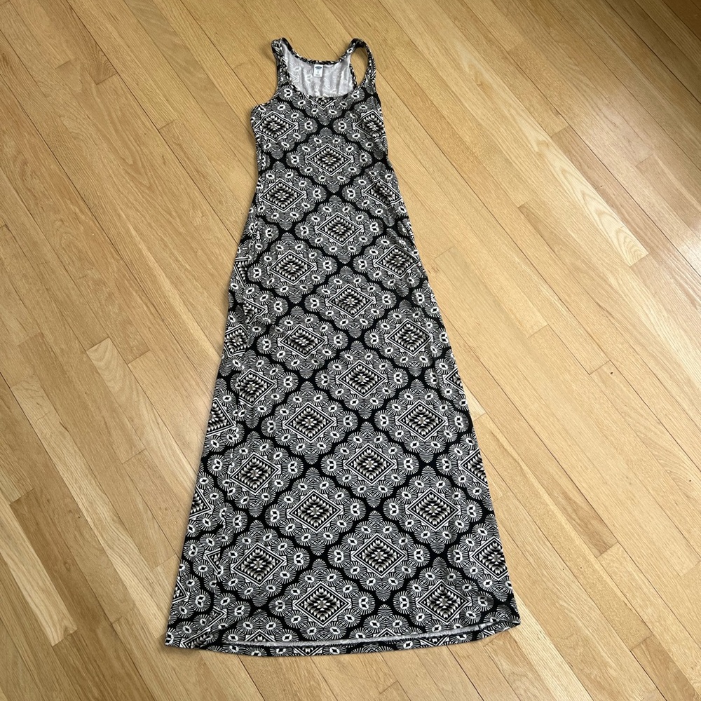 Black, White, brown, tan Patterned Maxi Dress